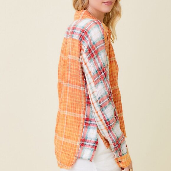 MYSTREE Plaid Button Down Shirt, Orange Multicolor Patchwork Check Top, Oversize - Picture 5 of 7